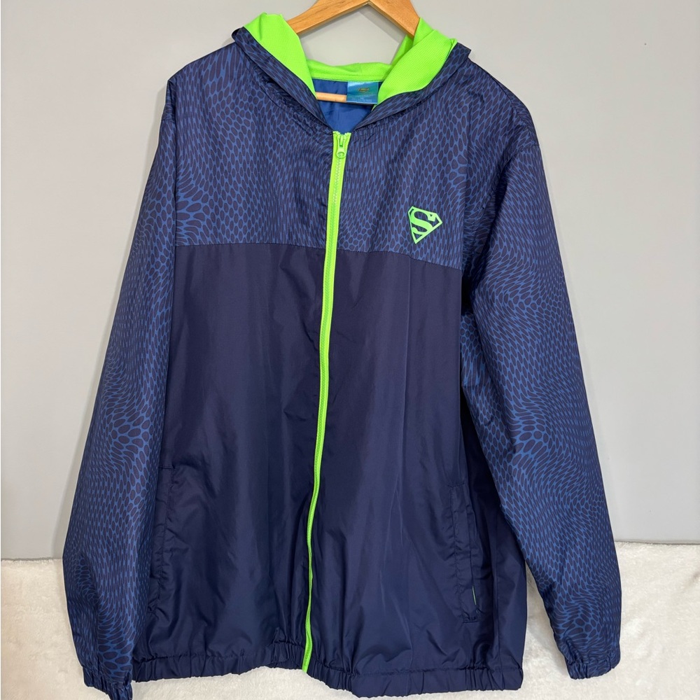 Superman Blue and Green Hooded Windbreaker Rain Jacket Comic con Size X-Large